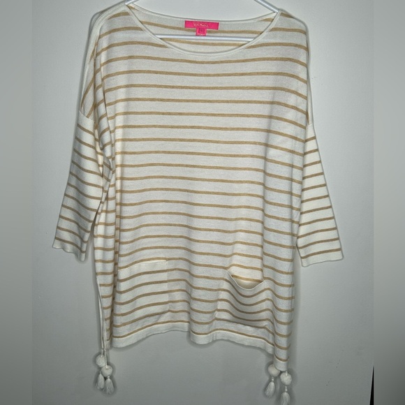 LILLY PULITZER Women's Small White Tan ELBA COOLMAX sweater tee Tassels beach - Picture 2 of 10